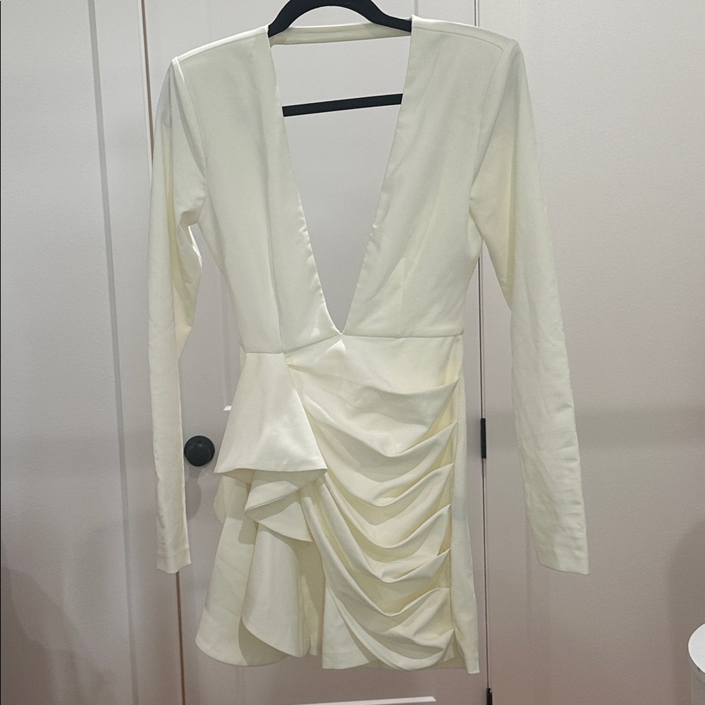 REVOLVE ivory long sleeve plunging neckline, ruffled skirt, backless mini dress - Picture 4 of 9